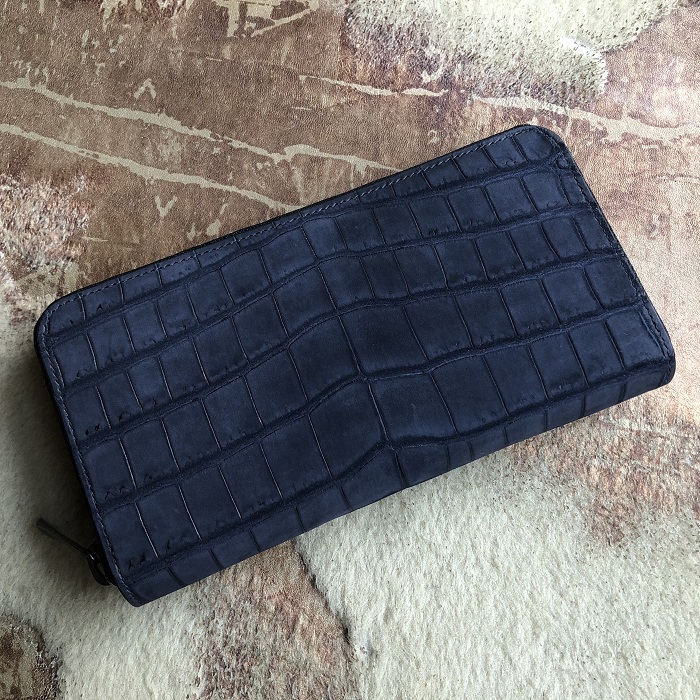ヌバッククロコダイル/ワニ革ラウンドファスナー長財布 ネイビー