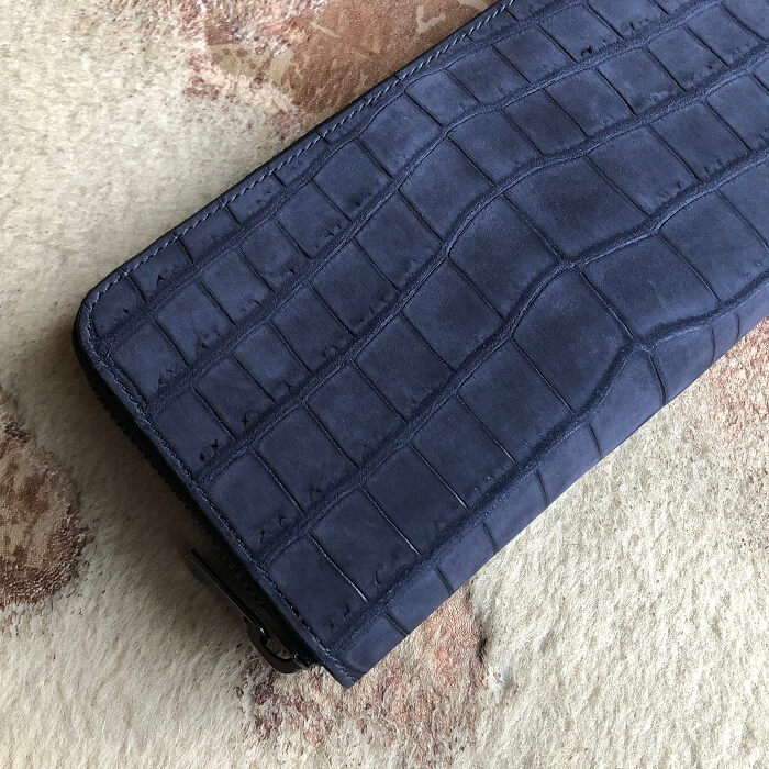 ヌバッククロコダイル/ワニ革ラウンドファスナー長財布 ネイビー