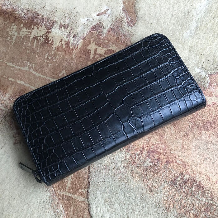 ポロサス スモールクロコダイル ラウンドファスナー長財布 ブラック